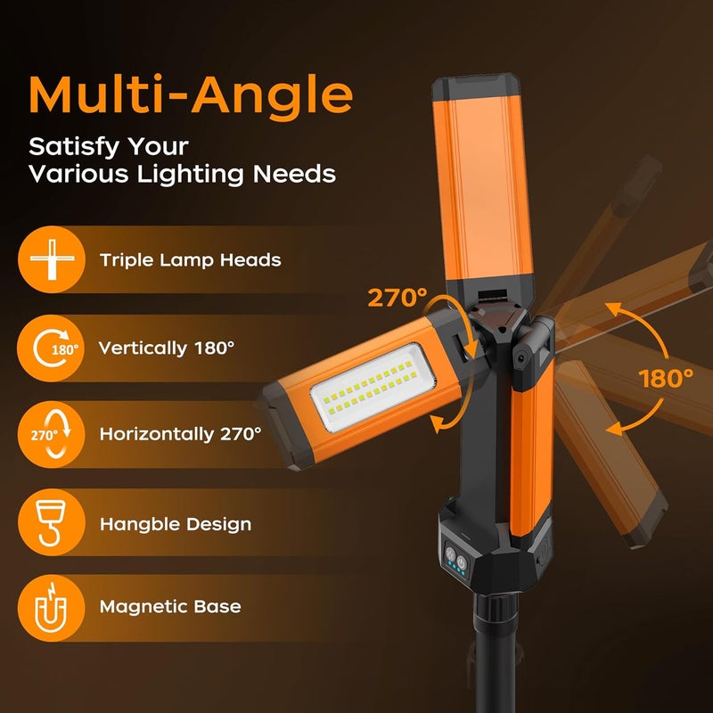 PARTPHONER Rechargeable LED Work Light with Stand, 67" Tall Portable Cordless Work Light, 8AH Battery, 500/1500/2500 Lumen, 4000/6500K Dimmable Camping Light with Detachable Tripod Orange (Carrying Bag Included) - Image 4